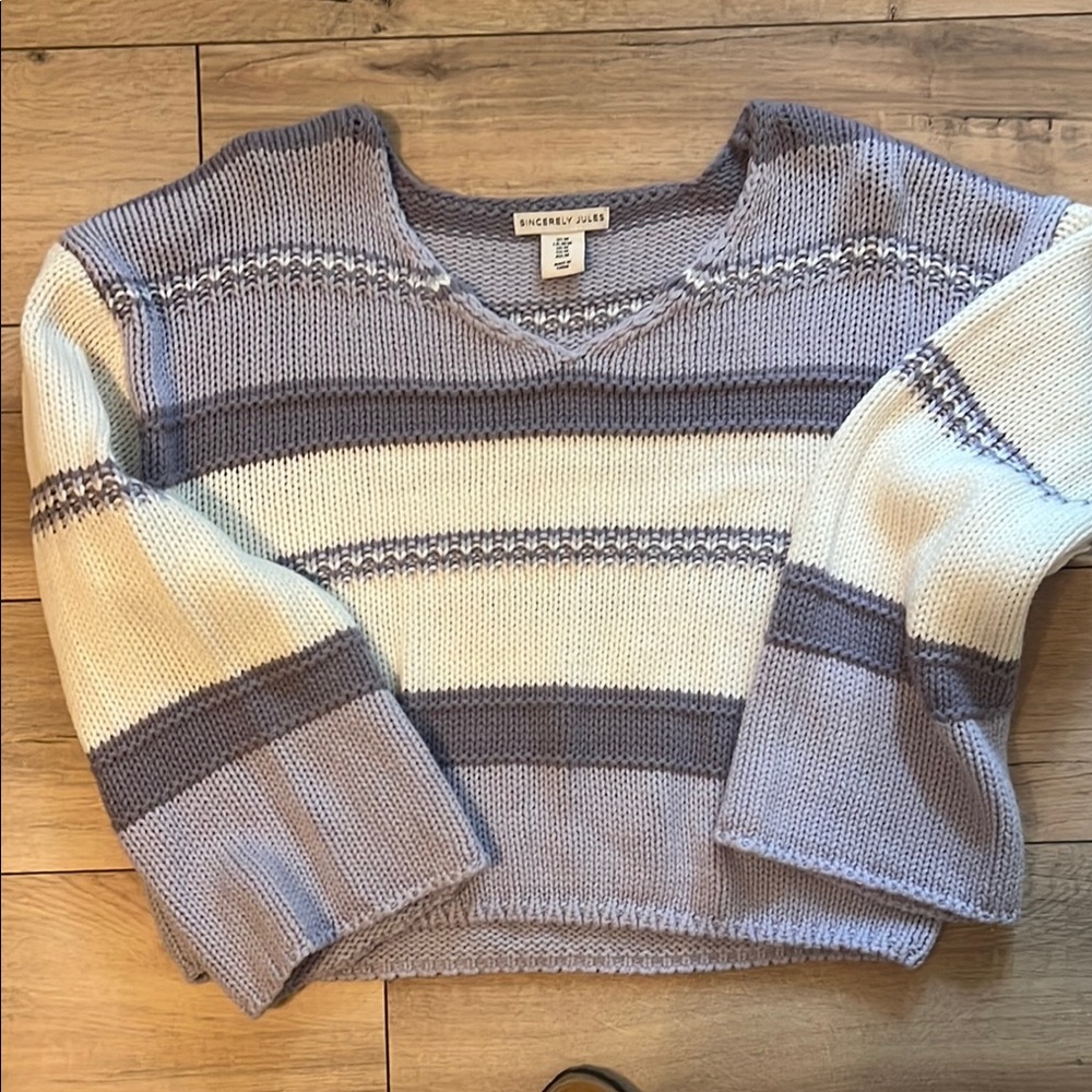 Sincerely Jules Gray and Cream V-Neck Sweater